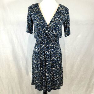 H&M blue black and cream abstract print faux wrap dress size 6